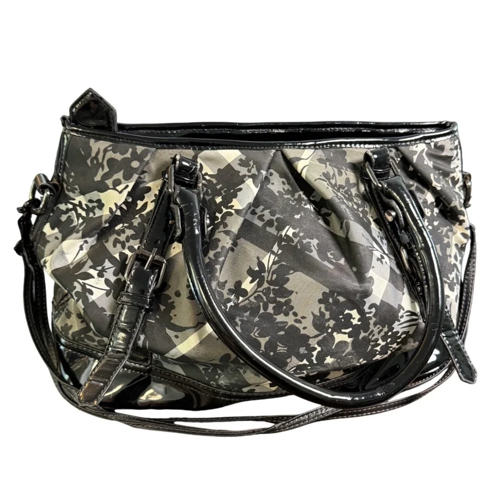 Floral Plaid Check Satchel Bag‎ Black White Patent Trim Purse Tote Crossbody